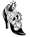 Vector illustration of woman shoe with flowers and bow.