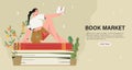 Vector illustration of woman sitting on pile of books and reading. Creative banner, poster, invitation for book crossing, exchange
