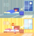 Vector illustration of woman sleeping at night and waking up morning. Sleep in comfy bed concept, good morning, start of