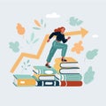 Vector illustration of woman step over higher stack of books. Business education concept