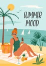 Vector illustration of woman in swimsuit on tropical beach. Summer holliday, vacation, travel.
