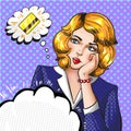 Vector pop art illustration of woman thinking about credit card