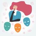 Vector illustration of a woman in thought and a set of mood masks Royalty Free Stock Photo