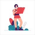 Vector illustration of woman tourist traveler with backpack looking at the map