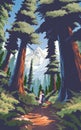 a woman trekking in a pine forest in a national park with the farther background of beautiful mounts