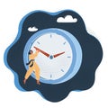 Vector illustration of Woman try stop the time. Female charcter drags the arrows back at Big clock on dark backround.