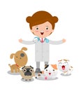 Vector illustration of a woman veterinary physician and pets: cat, dog.
