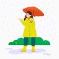 Vector illustration. woman walks in the rain in yellow raincoat. Woman with umbrella