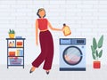 Vector illustration Woman washes dirty clothes in the laundry. Washing machine, laundry basket, laundry detergents