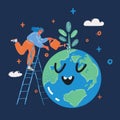Vector illustration of Woman watering tree over earth globe over dark backround.