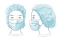 Vector illustration Woman wearing disposable medical surgical face mask.