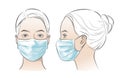 Vector illustration Woman wearing disposable medical surgical face mask.