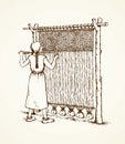 Vector illustration. Woman weaves in ancient loom Royalty Free Stock Photo