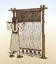 Vector illustration. Woman weaves in ancient loom Royalty Free Stock Photo