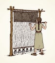 Vector illustration. Woman weaves in ancient loom