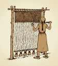 Vector illustration. Woman weaves in ancient loom Royalty Free Stock Photo