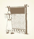Vector illustration. Woman weaves in ancient loom Royalty Free Stock Photo