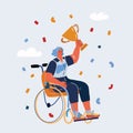 Vector illustration of woman in wheelchair holding cup in her hands. Paralympic sport game concept.