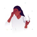 Vector illustration of a woman who took off her glasses because she felt dizzy. A character with closed eyes feels unsteady due to