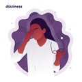 Vector illustration of a woman who took off her glasses because she felt dizzy. A character with closed eyes feels unsteady due to