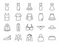 Women clothes icon set. Included the icons as dresses, workwear, fashion, jean, shirt, skirt, accessories and more. Royalty Free Stock Photo