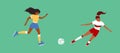 Vector illustration of women football with female soccer players playing ball on green field Royalty Free Stock Photo