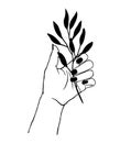 Vector illustration of women`s hand holding plant. Trendy linear and minimal boho tattoo style for logo, emblem, t-shirt fashion