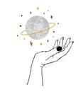 Vector illustration of women`s hand holding textured planet and stars. Trendy linear minimal boho tattoo style for logo, emblem,