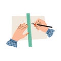 Vector illustration. Women`s hands hold a ruler and pencil, draw on paper or fabric. Hands of a needlewoman in a flat pattern.