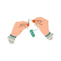 Vector illustration of women`s hands holding a thread and needle. Hands of a seamstress in flat design.