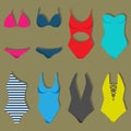 Vector illustration of women`s swimsuit design set. Fashion bikini collection. Female stylish swimwear silhouettes isolated. Flat