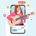 Vector illustration of women singing while playing guitar in video content on phone view has many likes and comment