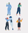 Vector illustration of women with various sickness symptoms on white isolated background. Cough, doctor during an