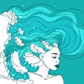 Vector illustration with wonderful girl and sea hairstyle.