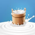 Vector illustration of a wooden bucket with milk standing in the center of a dairy splash. Royalty Free Stock Photo