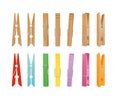Vector illustration of wooden and clothespin collection on white background. Clothespins in different bright colors and