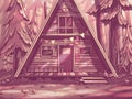 Vector illustration wooden hut in mysterious forest