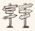 vector illustration of wooden road signs hand-drawn in different directions, pointing both ways. The signs are isolated on a white Royalty Free Stock Photo