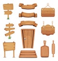 Vector illustration of wooden signboards, doors, plates and other different shapes with wood texture