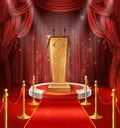 Vector wooden tribune, microphones, podium, red curtains