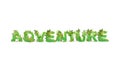 Vector illustration of word Adventure with capital letters stylized as a rainforest, with green branches, leaves, grass