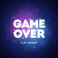 Vector Illustration word Game Over - Play Again in cyber noise glitch design. For games, banner, web pages. Three color half-shift