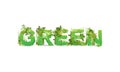 Vector illustration of word Green with capital letters stylized as a rainforest, with green branches, leaves, grass and