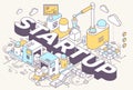 Vector illustration of word startup and three dimensional mechanism with conveyor, robotic hand on light background with scheme.