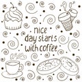 Vector illustration with words `nice day starts with coffee Royalty Free Stock Photo