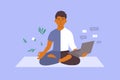Vector illustration of work life balance concept with business man meditating in yoga pose holds laptop in hand Royalty Free Stock Photo