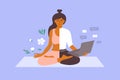 Vector illustration of work life balance concept with business woman meditating on yoga mat holds laptop and flower in hand Royalty Free Stock Photo