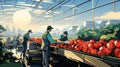 Vector illustration of workers harvesting apples on a conveyor belt in a greenhouse