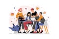 Vector illustration, workers are sitting at the negotiating table, collective thinking and brainstorming Royalty Free Stock Photo