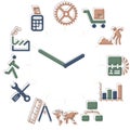 Working time. Activities icons in a watch sphere with hours